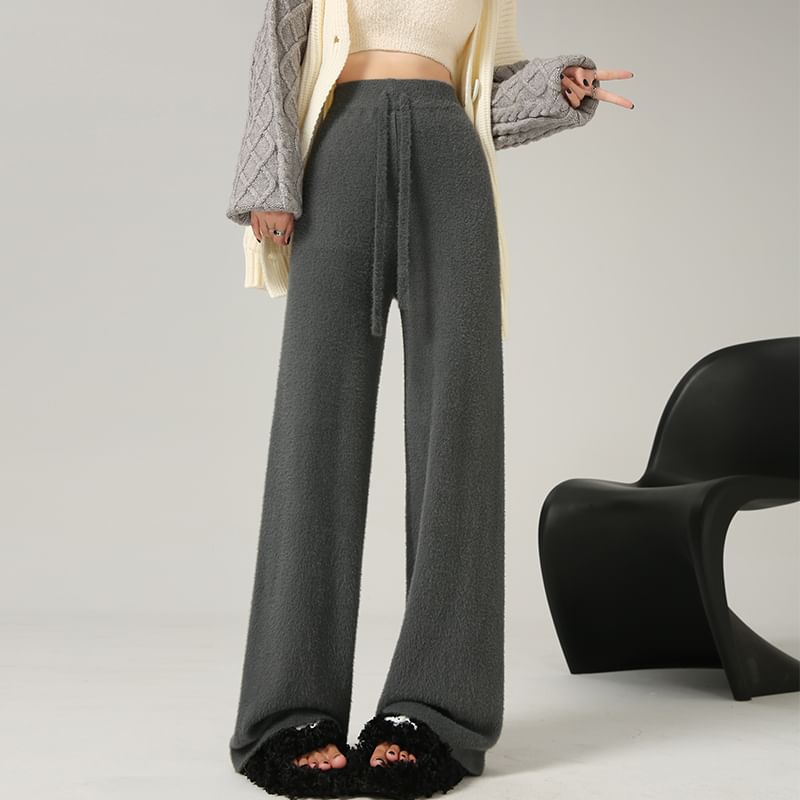 Leg High Waist Pants Knit Wide Plain