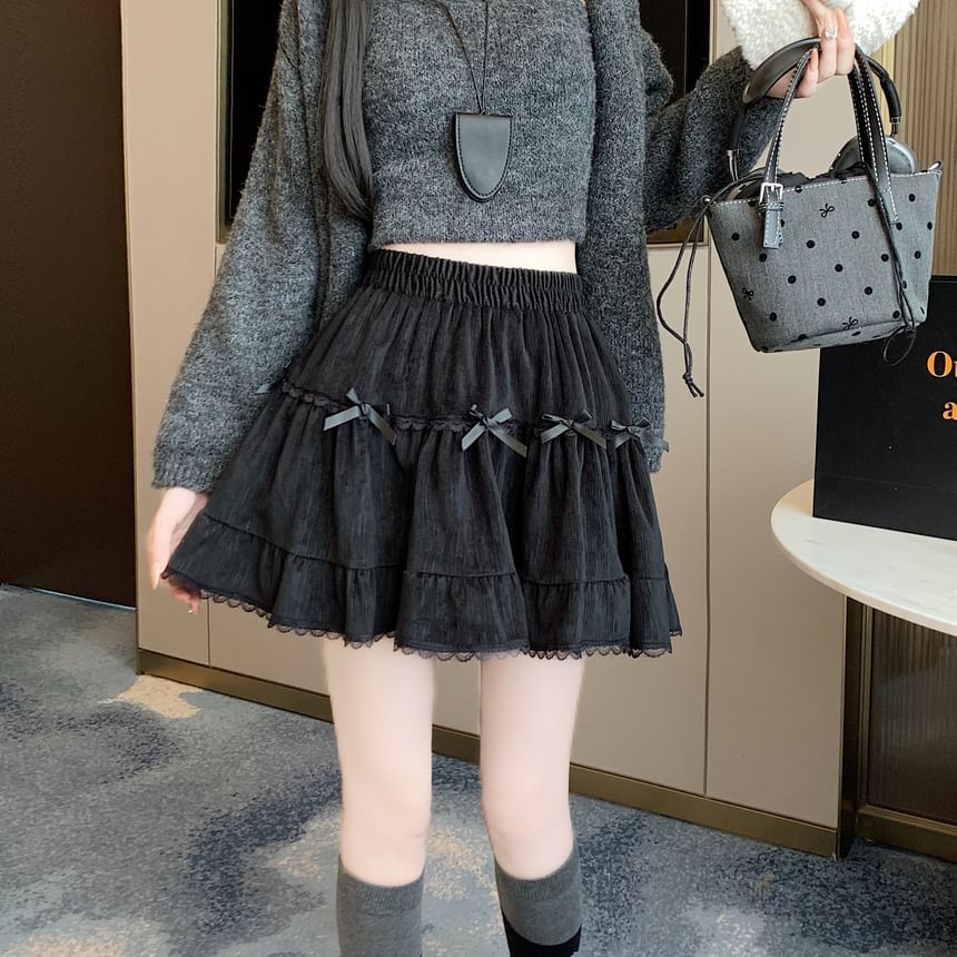 Trim Lace High Accent Mini A-Line Skirt Velvet Plain Bow Waist