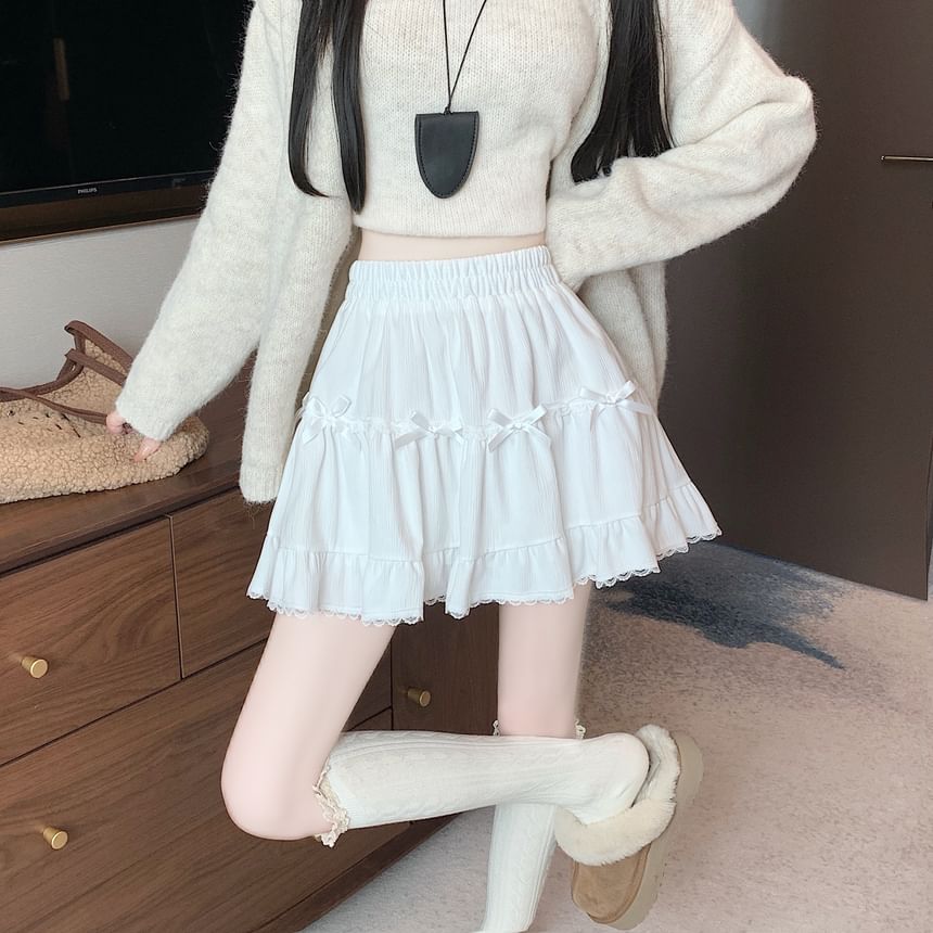 Trim Lace High Accent Mini A-Line Skirt Velvet Plain Bow Waist