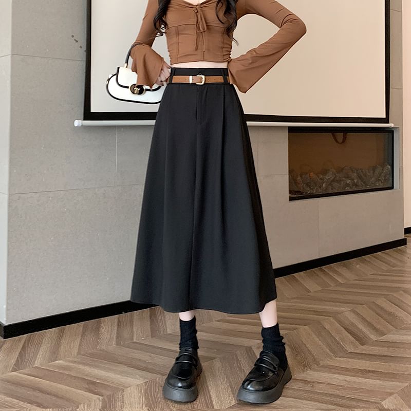 A-Line Midi Plain Rise Skirt + High Belt Set: