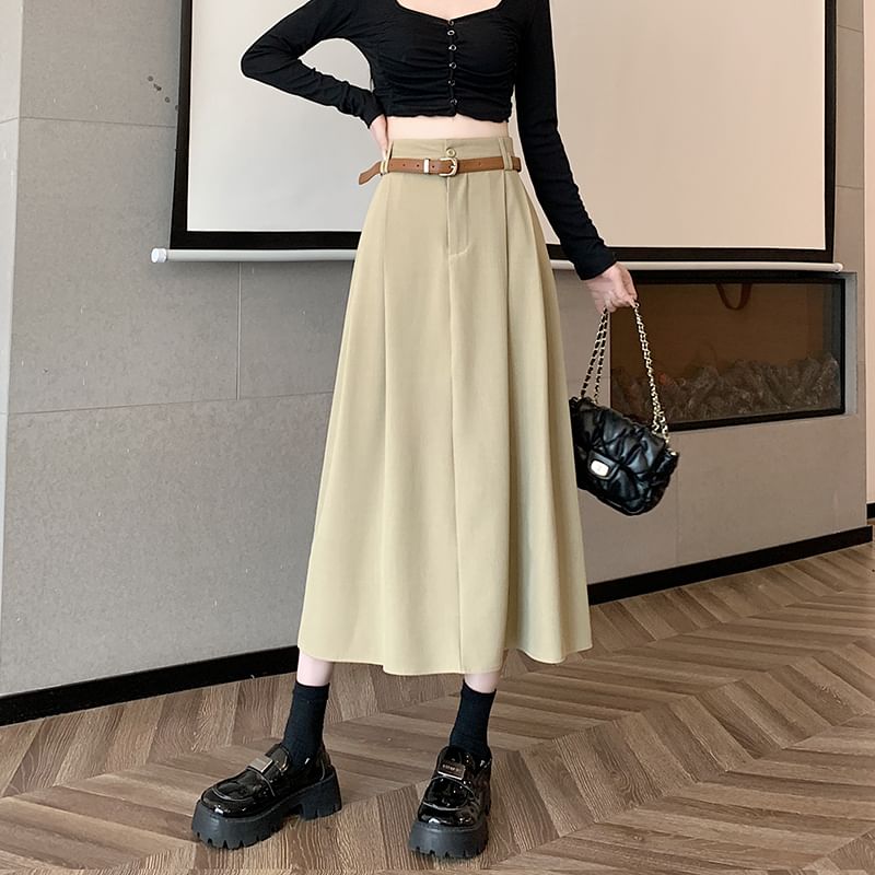 A-Line Midi Plain Rise Skirt + High Belt Set: