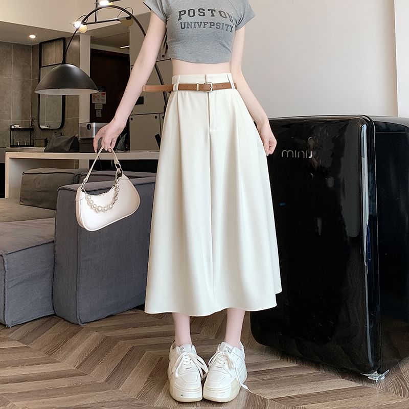 A-Line Midi Plain Rise Skirt + High Belt Set: