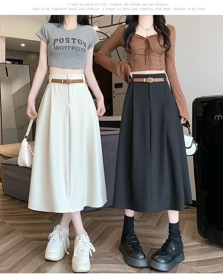 A-Line Midi Plain Rise Skirt + High Belt Set: