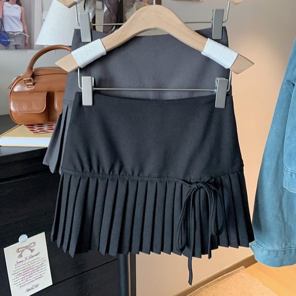 Plain Pleated A-Line Waist Mini Bow High Skirt Accent