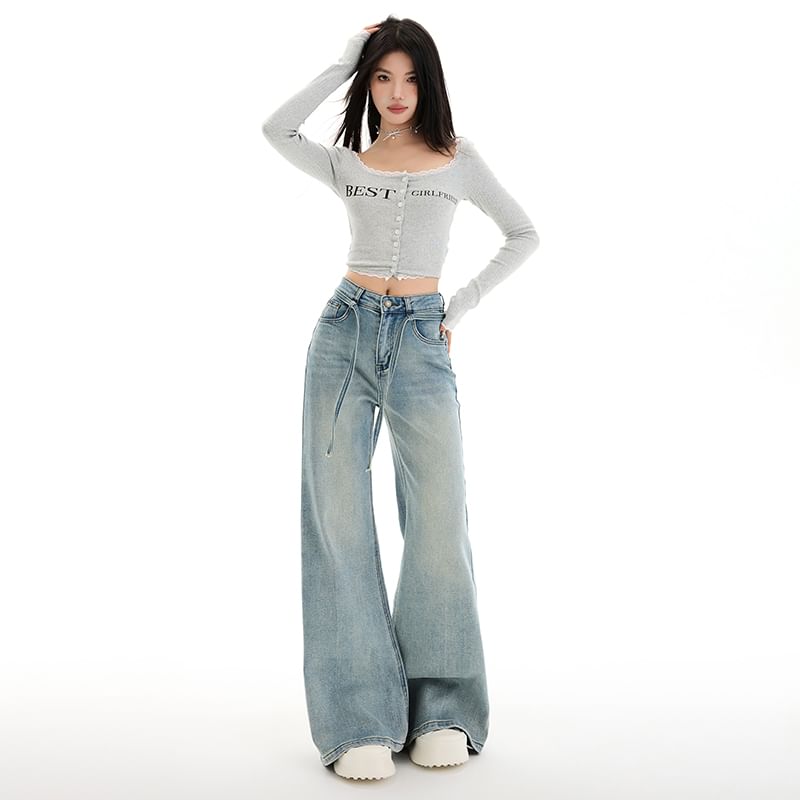 (Various Designs) Mid Rise Leg Jeans Washed Wide