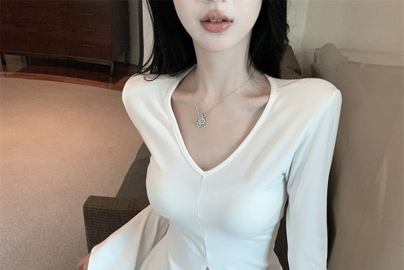 Fit Slit Plain T-Shirt V-Neck Long-Sleeve Slim