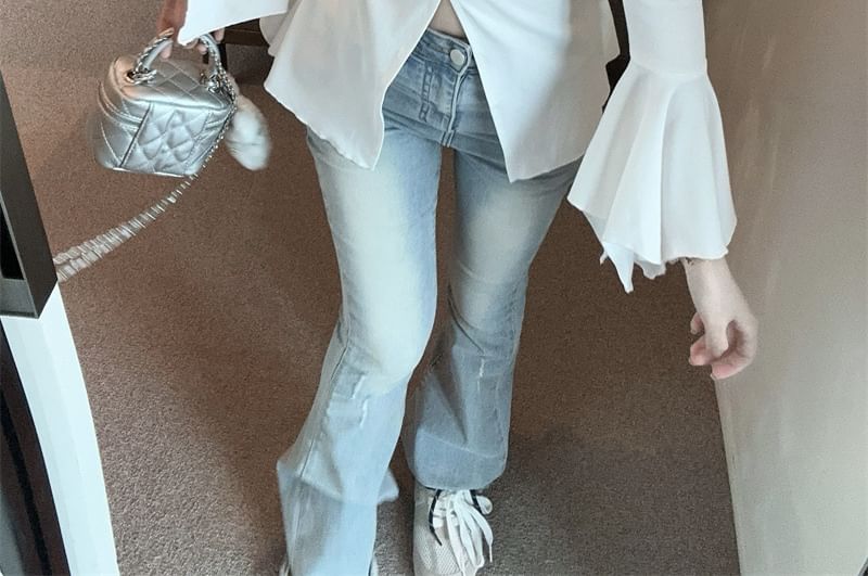 Fit Slit Plain T-Shirt V-Neck Long-Sleeve Slim