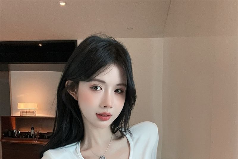 Fit Slit Plain T-Shirt V-Neck Long-Sleeve Slim