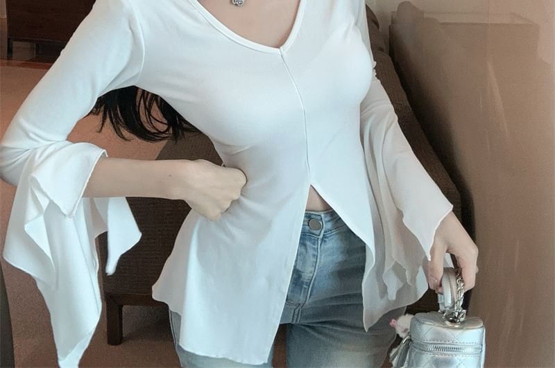 Fit Slit Plain T-Shirt V-Neck Long-Sleeve Slim
