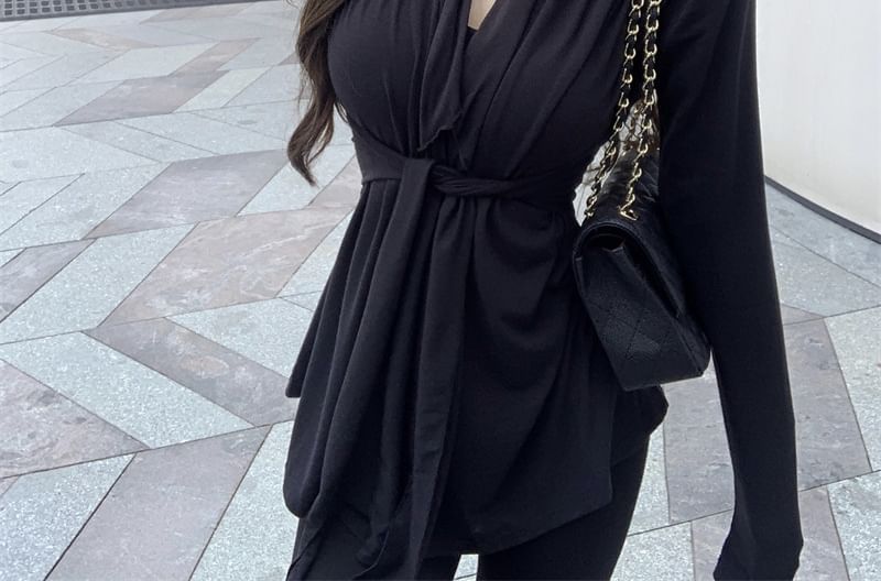 Waist Plain Shawl Tie Collar Cardigan