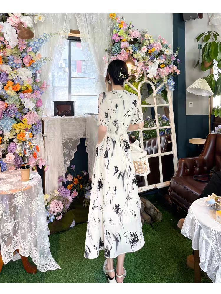 Floral A-Line Print Dress Elbow-Sleeve V-Neck Midi