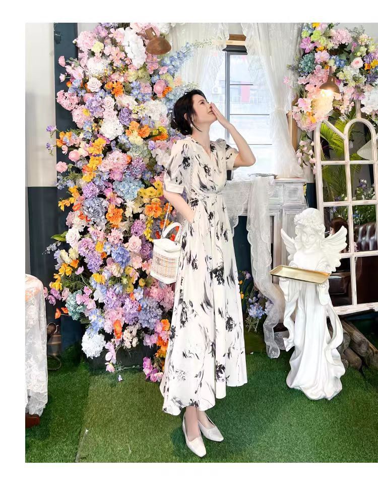 Floral A-Line Print Dress Elbow-Sleeve V-Neck Midi