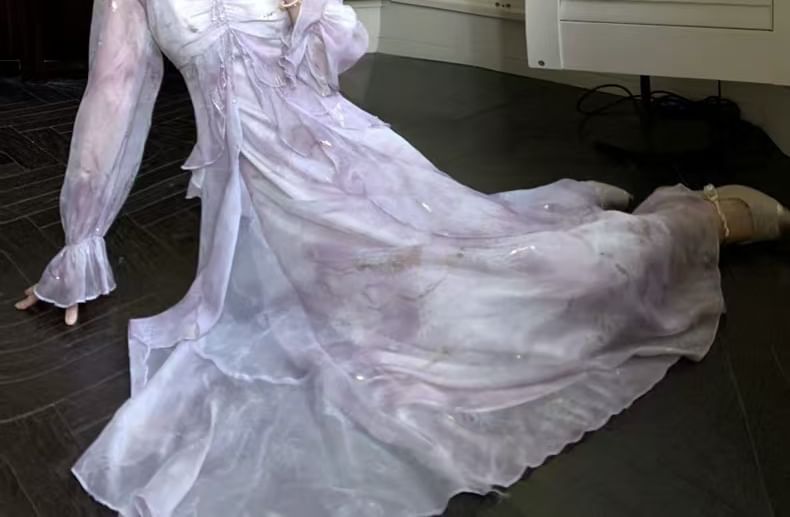 Cold Accent Tie Maxi Shoulder A-Line Ruffle Dress Trim Long-Sleeve Butterfly Dye