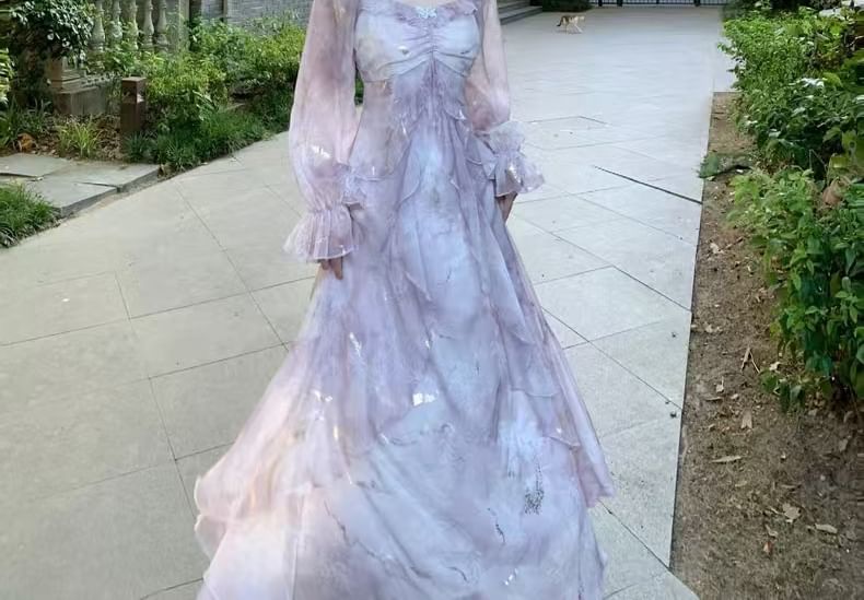 Cold Accent Tie Maxi Shoulder A-Line Ruffle Dress Trim Long-Sleeve Butterfly Dye