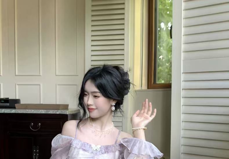 Cold Accent Tie Maxi Shoulder A-Line Ruffle Dress Trim Long-Sleeve Butterfly Dye