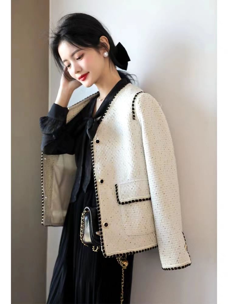 V-Neck Sequin Contrast Trim Button-Up Tweed Jacket