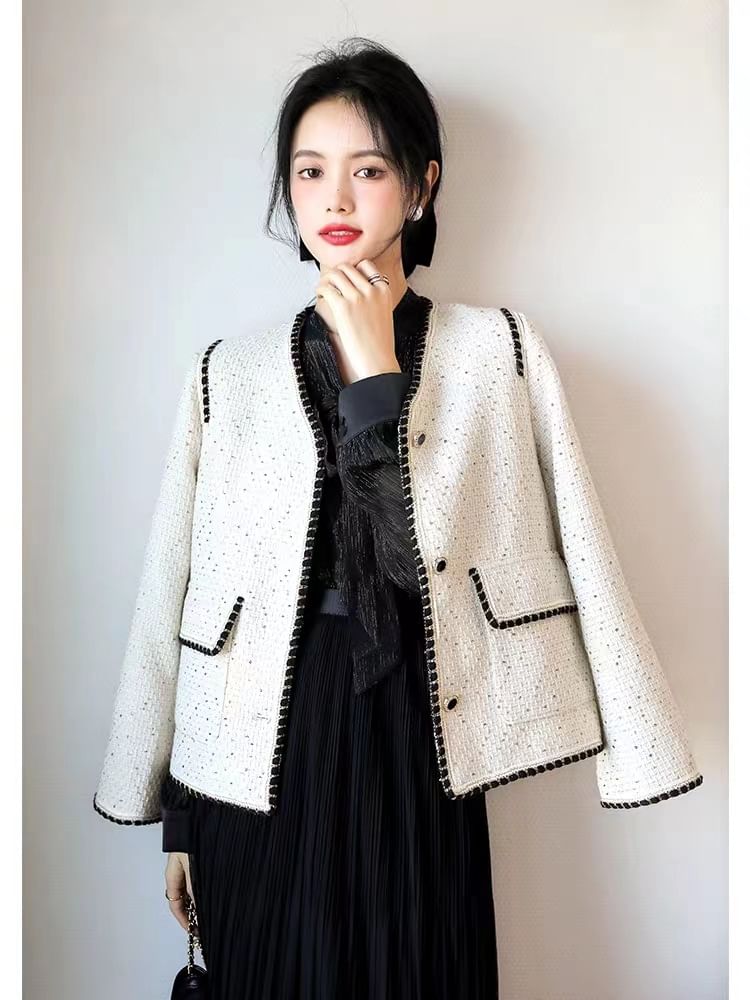 V-Neck Sequin Contrast Trim Button-Up Tweed Jacket