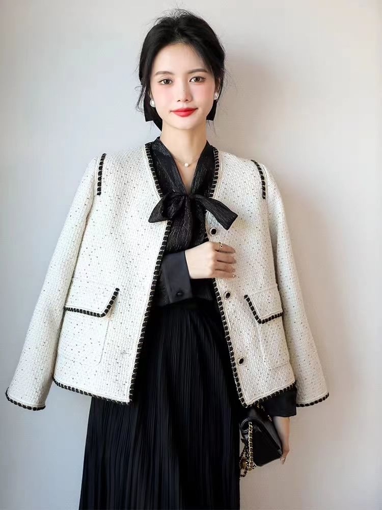 V-Neck Sequin Contrast Trim Button-Up Tweed Jacket