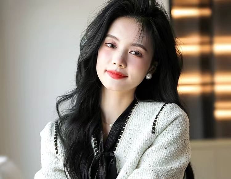 V-Neck Sequin Contrast Trim Button-Up Tweed Jacket