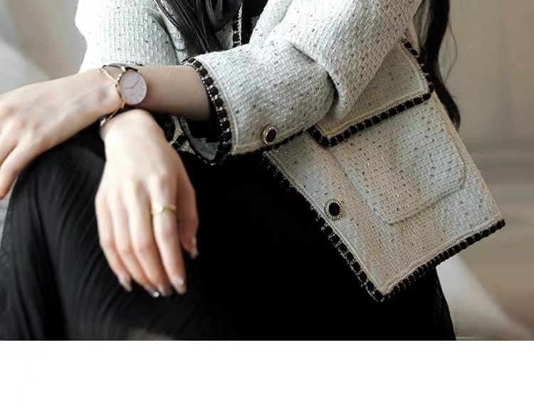 V-Neck Sequin Contrast Trim Button-Up Tweed Jacket