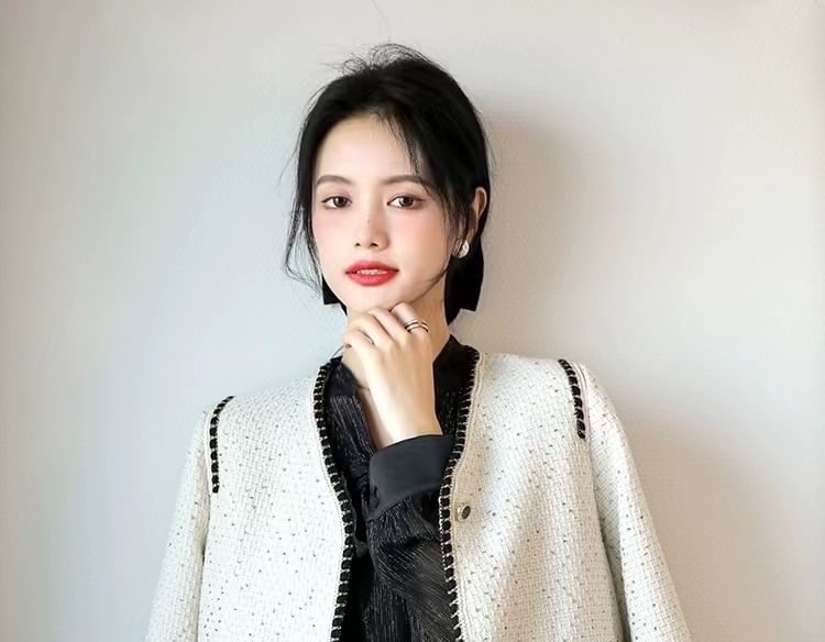 V-Neck Sequin Contrast Trim Button-Up Tweed Jacket