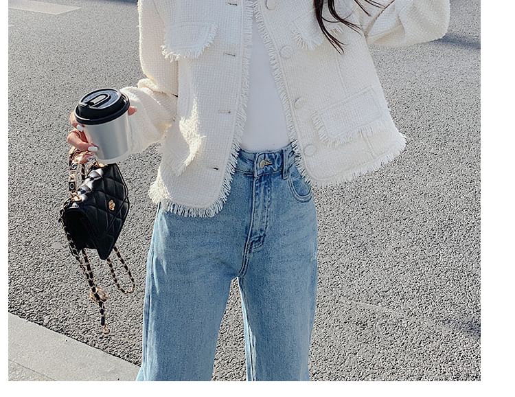 Round Neck Plain Tassel Trim Tweed Cropped Jacket