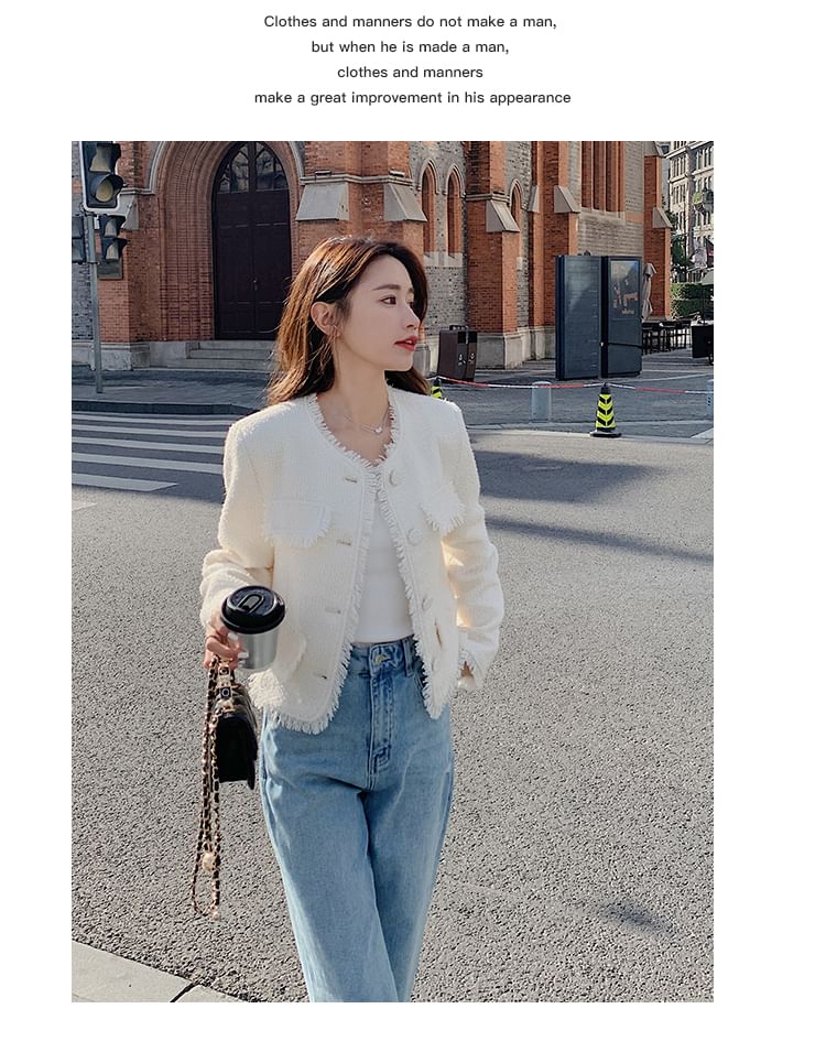 Round Neck Plain Tassel Trim Tweed Cropped Jacket