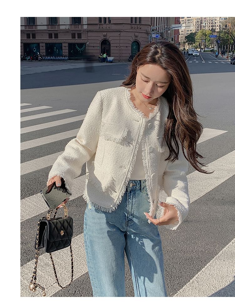 Round Neck Plain Tassel Trim Tweed Cropped Jacket