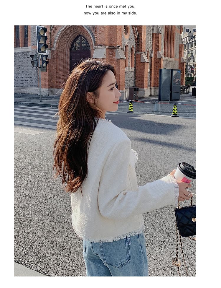 Round Neck Plain Tassel Trim Tweed Cropped Jacket