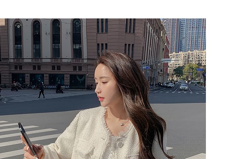 Round Neck Plain Tassel Trim Tweed Cropped Jacket