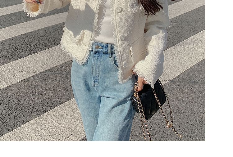 Round Neck Plain Tassel Trim Tweed Cropped Jacket