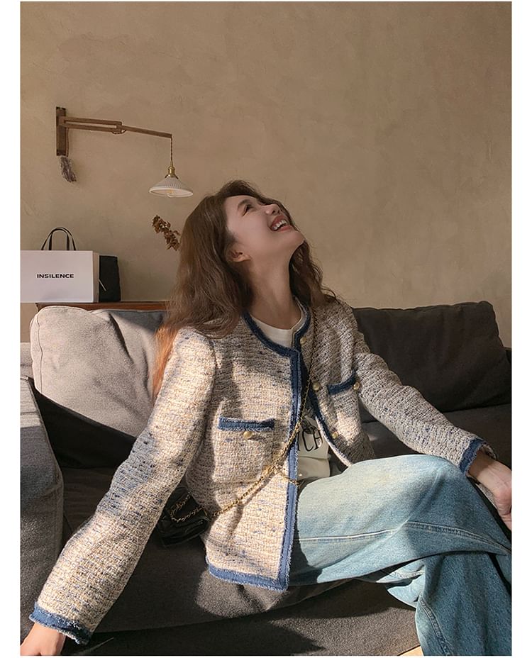 Round Neck Contrast Trim Tweed Button Jacket