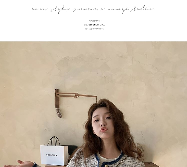 Round Neck Contrast Trim Tweed Button Jacket