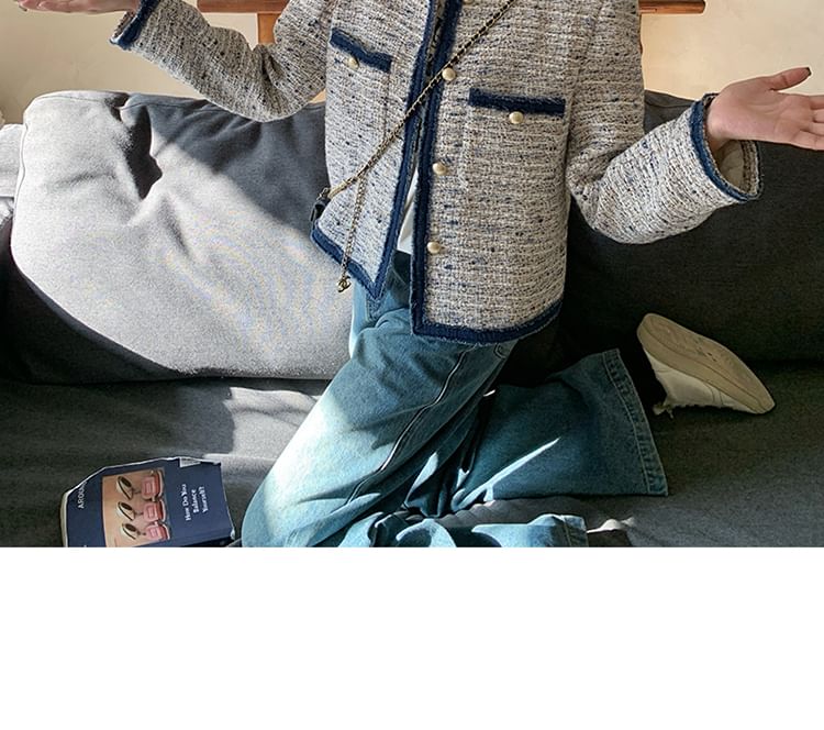 Round Neck Contrast Trim Tweed Button Jacket