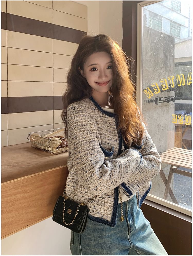 Round Neck Contrast Trim Tweed Button Jacket
