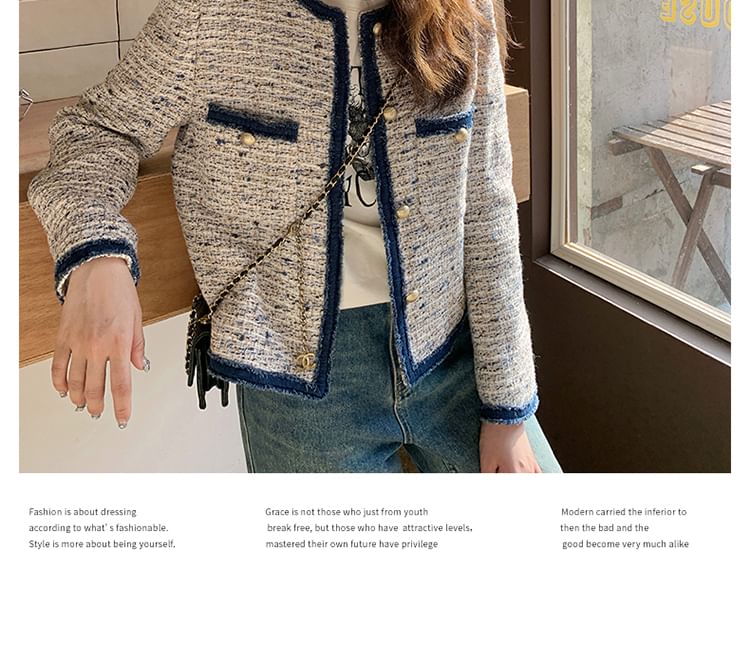 Round Neck Contrast Trim Tweed Button Jacket