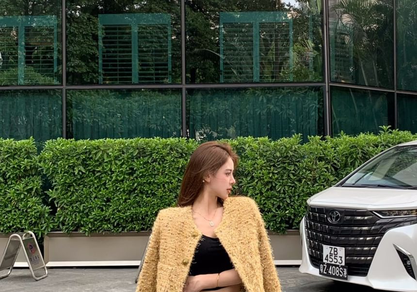 U-Neck Tweed Button-Up Jacket