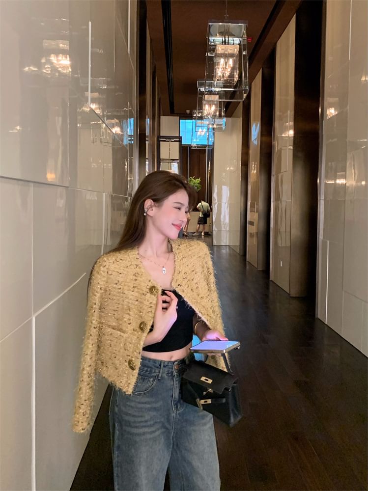 U-Neck Tweed Button-Up Jacket