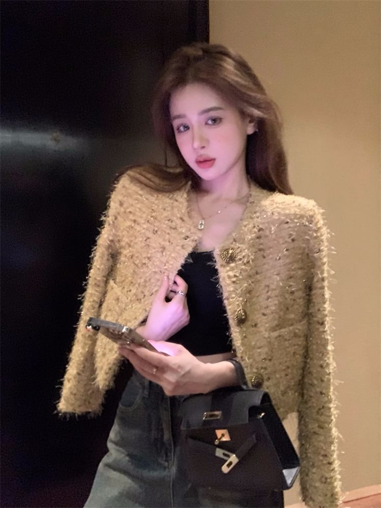 U-Neck Tweed Button-Up Jacket