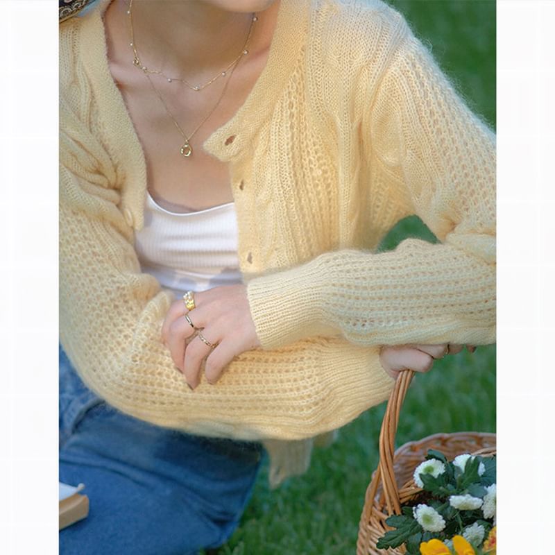 Loose-Fit Pointelle Cardigan - Long Sleeve Plain