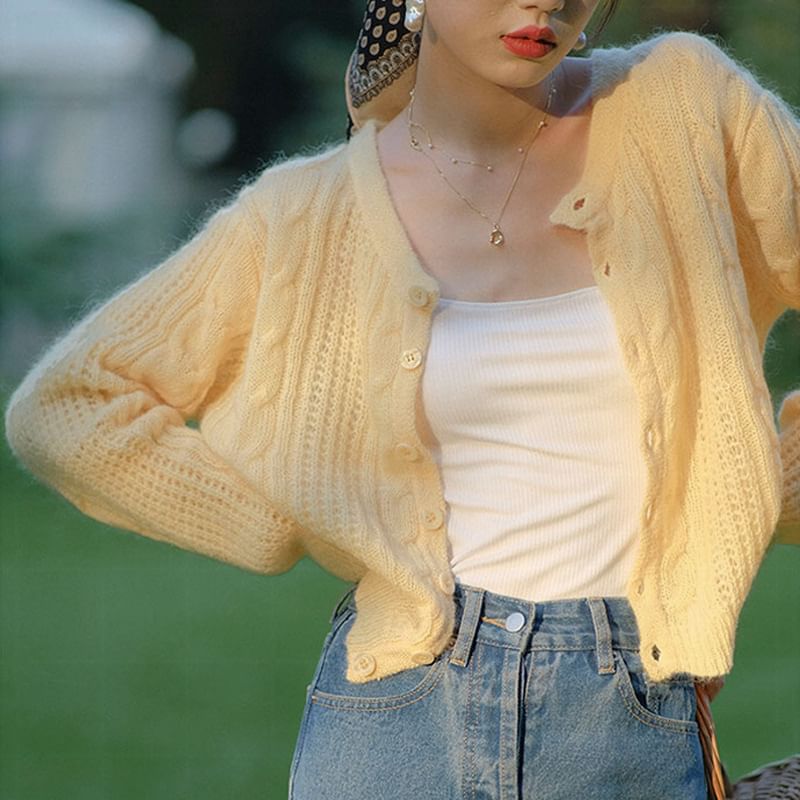 Loose-Fit Pointelle Cardigan - Long Sleeve Plain