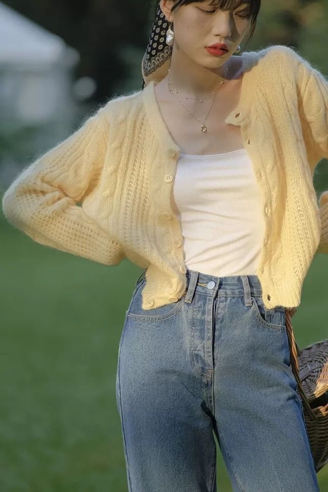 Loose-Fit Pointelle Cardigan - Long Sleeve Plain