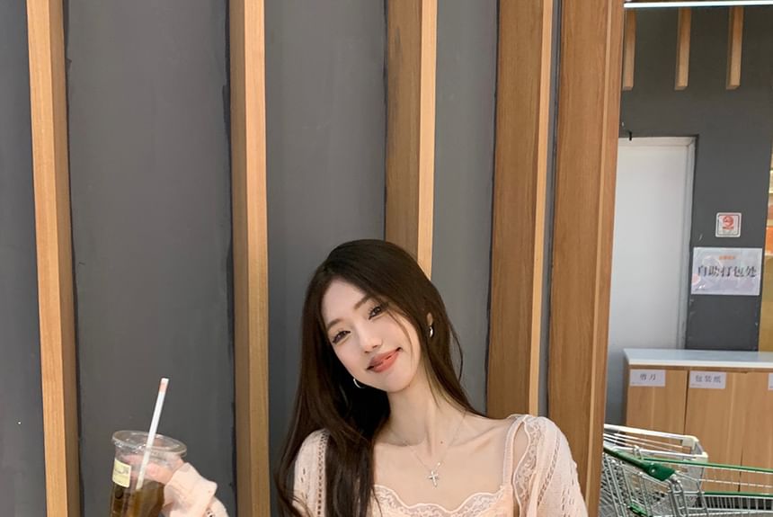 Lace Camisole & V-Neck Pointelle Knit Cardigan Set