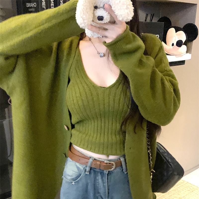 Set: Scoop Neck Ribbed Tank Top & Cardigan