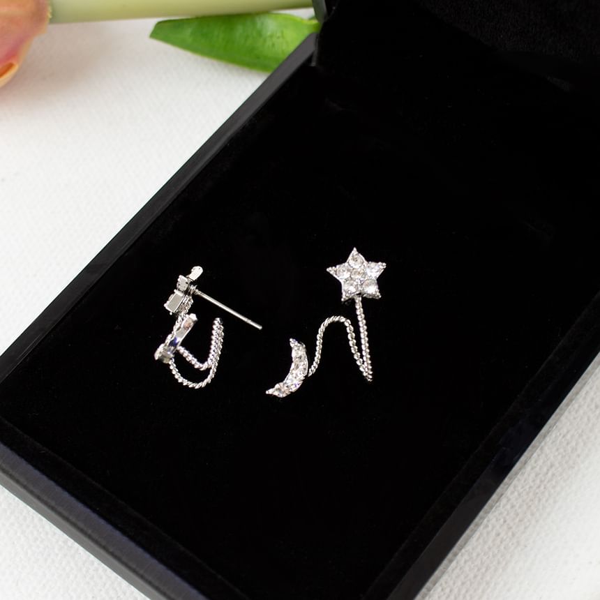 / Rhinestone Crescent Earring Climber Star On Clip