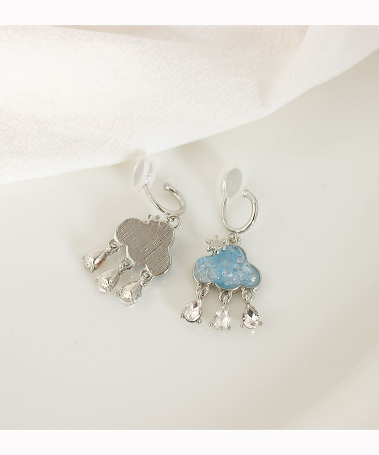 Cloud Hoop Drop Rhinestone On Clip Earring /