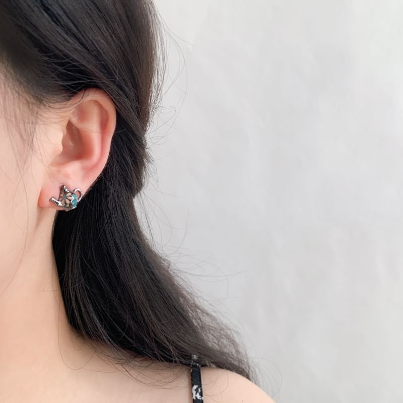Teapot Flower Clip Enamel On Earring Asymmetrical Stud /