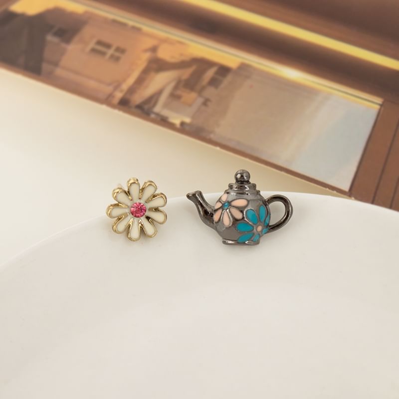 Teapot Flower Clip Enamel On Earring Asymmetrical Stud /