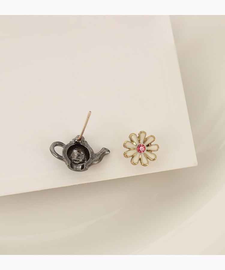 Teapot Flower Clip Enamel On Earring Asymmetrical Stud /
