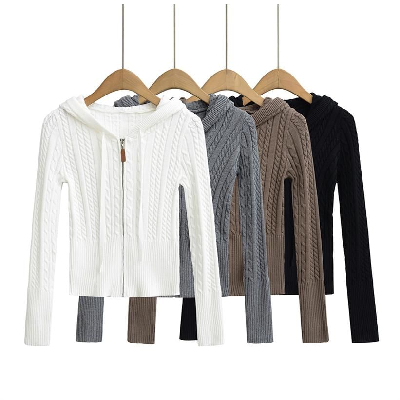 Hooded Cable Knit Zip Cardigan with High Waist Shorts